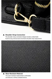 Détail de la boucle en métal doré et du cuir grainé durable du sac à main noir