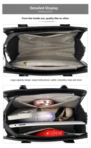 Internal view of a multi-compartment crossbody bag showing striped lining and pockets