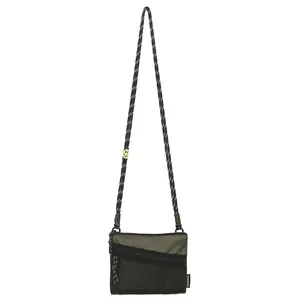 Olive green nylon crossbody bag with mesh pocket and patterned rope strap for outdoors