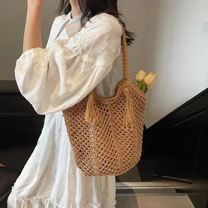 Handmade Woven Straw Tote Bag For Women Summer Beach Vacation Hollow Out Crochet Shoulder Bag With Tassel Travel Bag