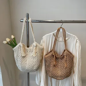 Handmade woven cotton tote bags in beige and brown with tassel details and large capacity