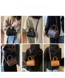 Mini Boston bag showcased in black, brown, and caramel colors for various styling options