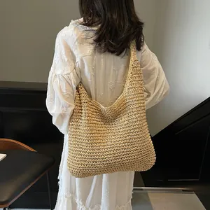 Women Fashion Large Capacity Straw Woven Tote Bag Minimalist Handwoven Beach Shoulder Bag With Polyester Lining Gift