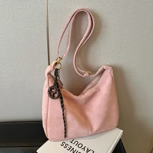 Vintage Suede Look Hobo Bag For Women Large Capacity Shoulder Bag With Pretzel Pendant Fashion Commuter Student Tote Bag