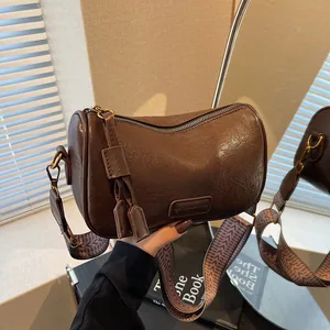Women's Vintage PU Leather Boston Bag Large Capacity Retro Crossbody Shoulder Bag With Wide Jacquard Webbing Strap Fashion Pillow Bag