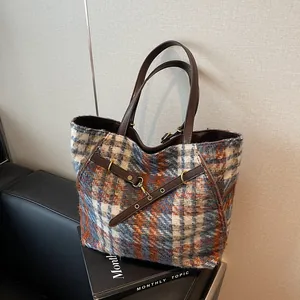 Große Kapazität Damen Wollstoff Karo Tragetasche Mode Vintage Tweed Schultertasche Lässige Pendler Unterarmtasche Mit Kunstlederriemen