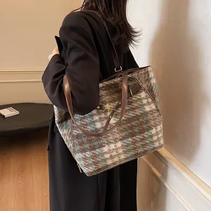Große karierte Tweed-Einkaufstasche mit Lederriemen für Damen, modische Schultertasche