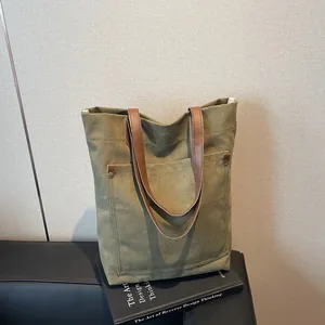 Bolso Tote de Lona de Gran Capacidad para Mujer Bolso de Hombro Minimalista Casual Con Asa de Cuero de Contraste Bolsillo Exterior Bolso de Compras Diario