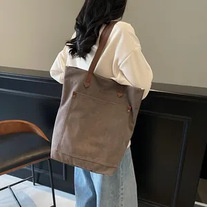 Bolso tote de lona minimalista de gran capacidad con correas de cuero marrón de estilo casual