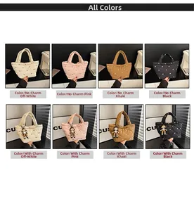 Detailed grid view of quilted puffer bucket bags in white, pink, khaki and black colors
