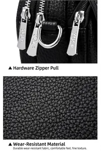 Detail eines silbernen Reißverschlusses und abriebfestem schwarzem Leder mit Narbung