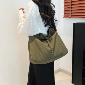 Olive green nylon tote bag with drawstring, large capacity shoulder bag for daily use