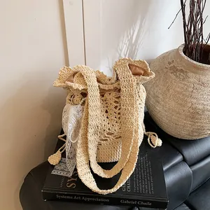 Handmade Crocheted Straw Woven Bucket Bag For Women With Lace Bow And Pearl Pendant Summer Beach Vacation Shoulder Bag