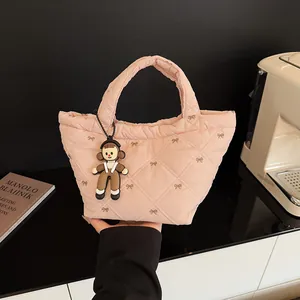 Women Puffer Bucket Bag Quilted Rhombus Bow Embroidery Nylon Handbag Cute Shoulder Crossbody Bag With Cartoon Pendant