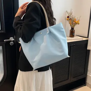 Light blue waterproof nylon and PU leather tote bag with large capacity and magnetic buckle