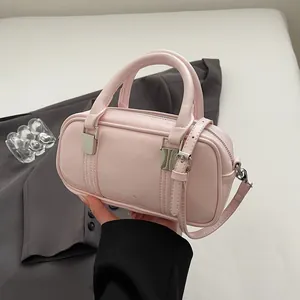 Fashion Women PU Leather Boston Handbag Minimalist Solid Color Crossbody Shoulder Bag Heart Pendant Small Pillow Bag