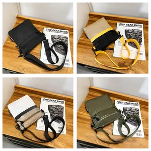 Four colors of nylon crossbody bags shown in a collage with black straps and minimalist style