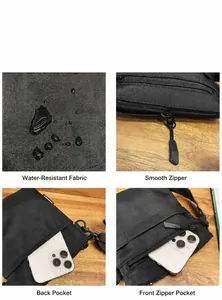 Detail view of water-repellent nylon fabric and multi-pocket storage for crossbody bag