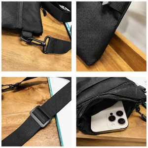 Detail view of adjustable shoulder strap, metal hook, and internal zipper pocket for phones