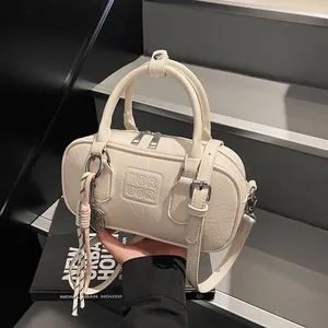 Korean Vintage Bowling Bag For Women PU Leather Boston Pillow Handbag Commuter Shoulder Crossbody Bag With Tassel Pendant
