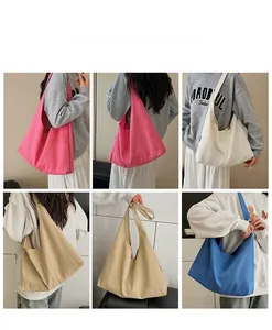 Collage of multi-colored large canvas hobo bags showing pink, beige, khaki, and blue models