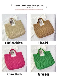 Detailed grid view of woven tote bags in cream, khaki, rose pink, and green colors