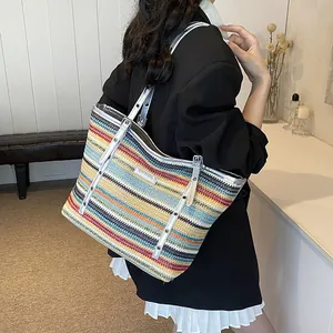 Large capacity woven straw tote bag with colorful stripes and silver metallic handles
