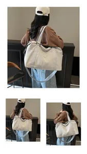 Three-way view of light grey travel bag worn by model, showing straps and handles