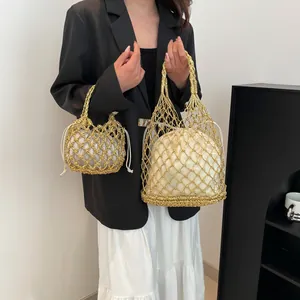 Handgewebte goldene Netztaschen mit weißen Kordelzug-Innentaschen in zwei Größen