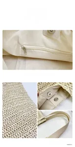Detail view of woven straw tote bag featuring magnetic closure and inner zipper pocket