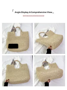 Detailed views of a large hollow-out straw tote bag with PU handles and mesh weave