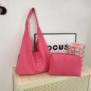 Women Large Capacity Canvas Tote Bag Minimalist Solid Color Casual Shoulder Bag And Pouch Hobo Bag For Daily Use Commuting