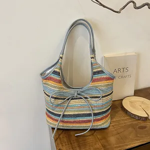 Sac Fourre-tout en Paille Tissé à Rayures Style Ethnique pour Femmes Vacances Plage Sac à Épaule Avec Grand Nœud Décoratif