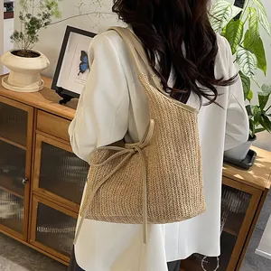 Sac fourre-tout en paille tissée de style ethnique avec nœud pour vacances et plage