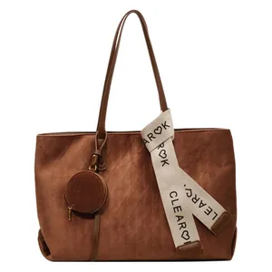 Καφέ vintage ματ τσάντα tote με μοτίβο ρόμβων και διακοσμητική κορδέλα για γυναίκες