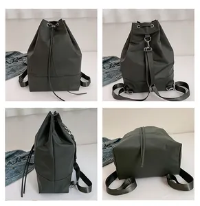 Mehrfachansichten eines tiefgraugrünen Kordelzug-Rucksacks aus leichtem Nylongewebe