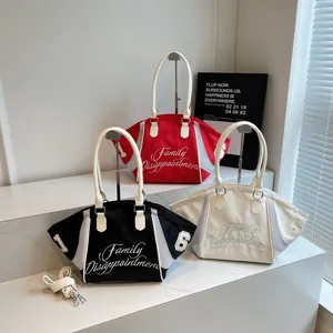Three large nylon tote bags in black, red, and white with adjustable shoulder straps