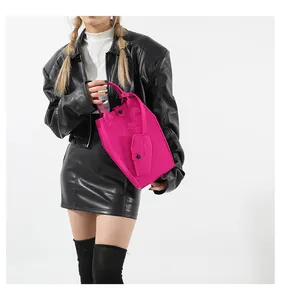 Fashionable magenta coffin-shaped felt tote bag with matching pouch in gothic style