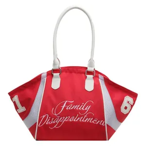 Red and white nylon tote bag with Family Disappointment text and top handles