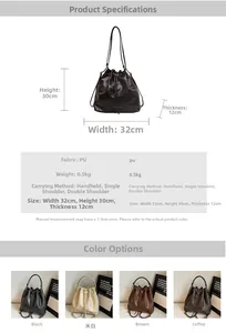 Detailed dimension chart and multi-color options for the PU leather bucket backpack