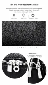 Détail du sac à main en cuir grainé noir avec verrou de sécurité argenté et zip métallique