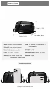 Spécifications de taille et vue intérieure du sac bandoulière en cuir noir grainé