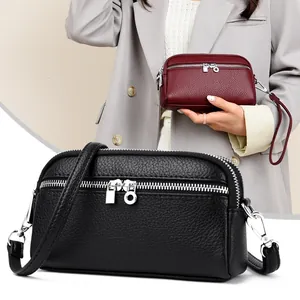 Sac Bandoulière Femme en Cuir PU Grainé Petit Sac à Épaule avec Fermeture Éclair Multicouche Sac de Téléphone Pochette