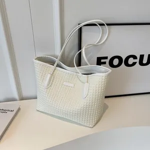 White woven tote bag for women, large capacity shoulder bag, stylish casual handbag.