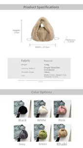 Detailed size chart and color options for the soft plush bucket bag with chain strap