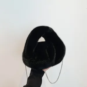 Casual Faux Fur Plush Crossbody Bag Soft Cloud Dumpling Shoulder Bag With Silver Metal Chain Handbag For Autumn Winter