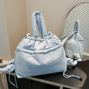 Women Large Capacity Padded Quilted Nylon Drawstring Tote Bag Casual Puffy Backpack Versatile Lightweight Shoulder Bag