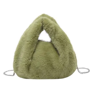 Avocado green soft faux fur bucket bag with silver chain strap for autumn winter
