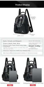Detailed spec sheet showing size dimensions of the black soft leather tassel backpack
