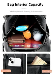 Internal view showing large capacity and multi-compartment storage of this leather backpack